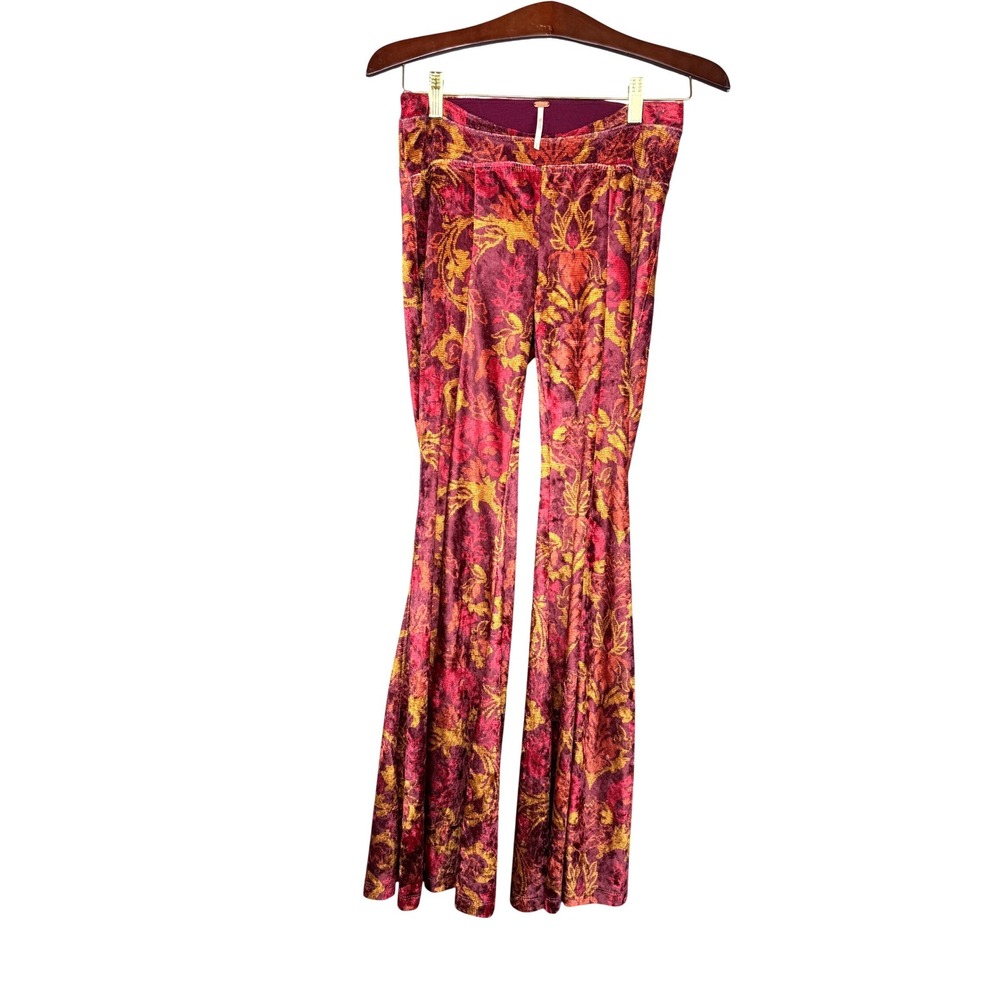 Free People Flare Pants Women XS Red Orange‎ Velvet Damask Floral Boho Pull On